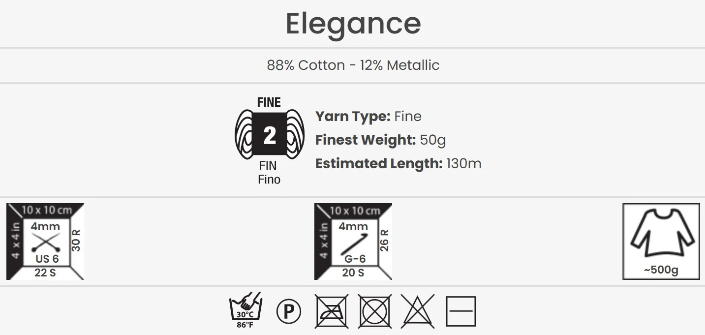 YarnArt Elegance laine 50g – fil fin composé de 88% coton, 12% métallique pour projets de tricot et de crochet
