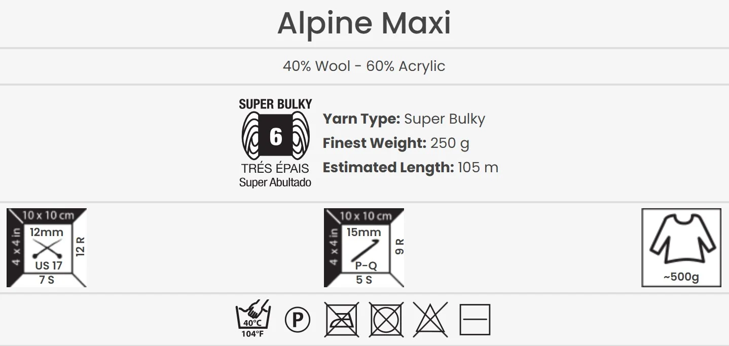 YarnArt Alpine Maxi laine 250g – fil épais composé de 40 % de laine et 60 % de polyacrylique, idéal pour des projets de tricot et de crochet chauds.