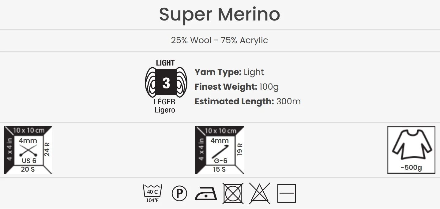 YarnArt Super Merino lana 100g – hilo suave compuesto por 25% lana y 75% acrílico, ideal para proyectos de punto y ganchillo.